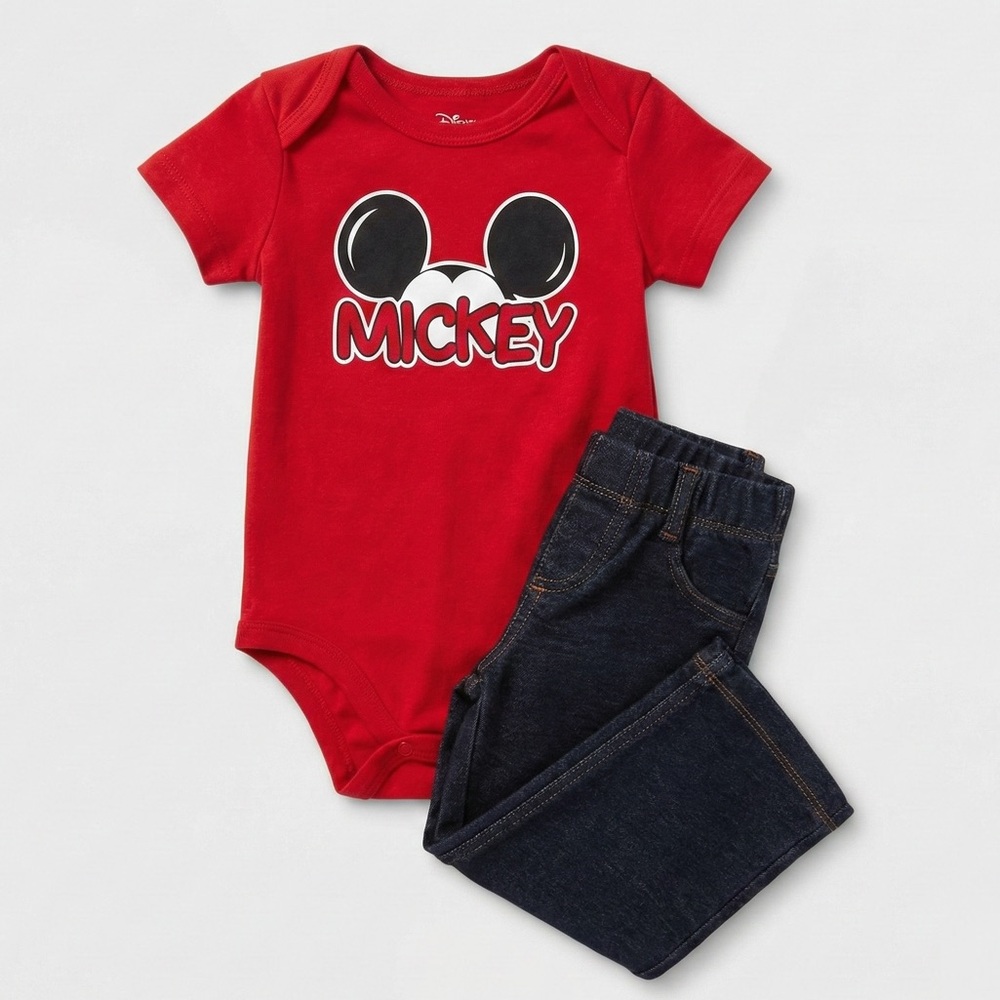 Disney Mickey Mouse Red Bodysuit & Carter’s Jeans Outfit Set Boy 24 Months